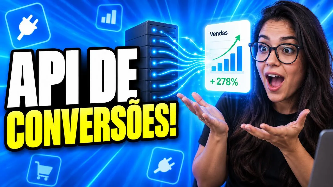 Mulher de óculos impressionada com dados indo de um servidor para um gráfico de vendas e o texto API de Conversões