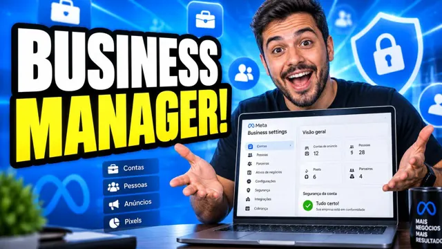 Homem animado diante do notebook com configurações do Business Manager