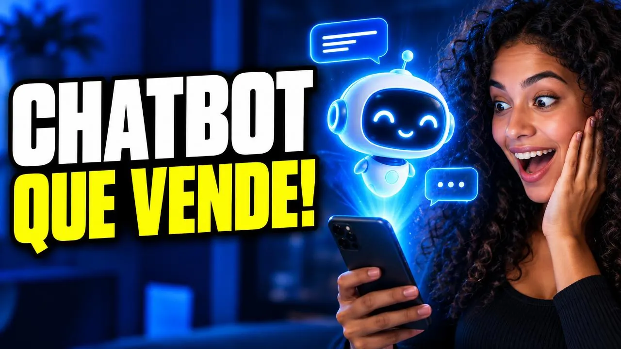 Mulher surpresa vendo um chatbot simpático saindo do celular