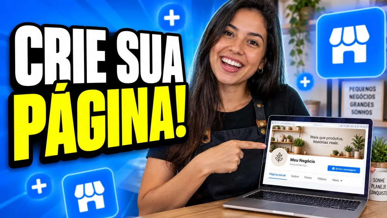 Empreendedora sorrindo e apontando para a Página do seu negócio no notebook com o texto Crie sua página