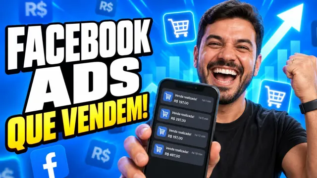 Homem comemorando vendas no celular com o texto Facebook Ads que vendem