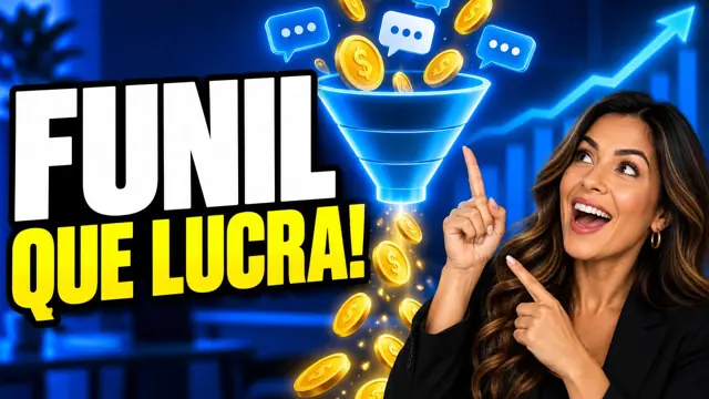 Mulher apontando para um funil de vendas com moedas e mensagens