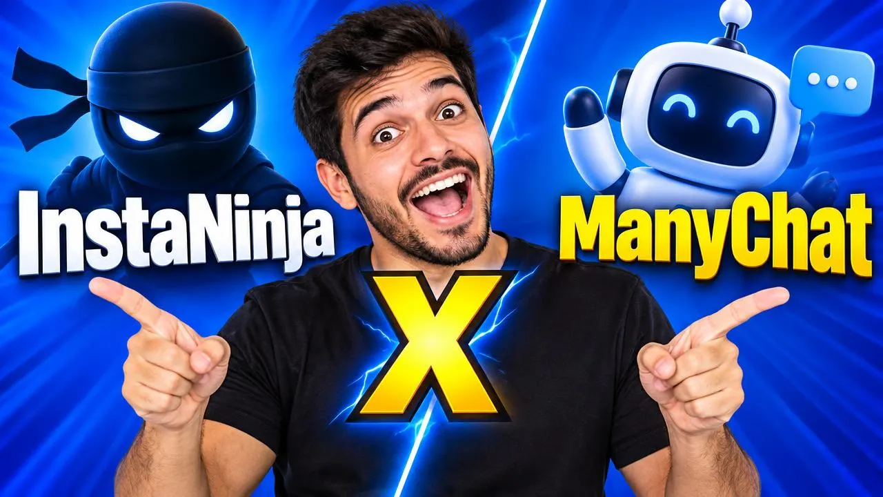 Homem empolgado apontando para InstaNinja e ManyChat em comparação lado a lado