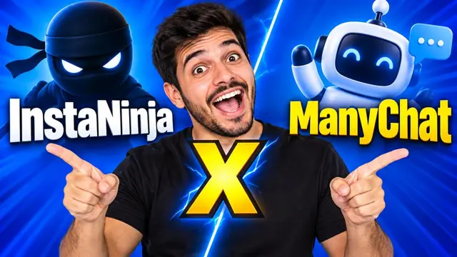 Homem empolgado apontando para InstaNinja e ManyChat em comparação lado a lado