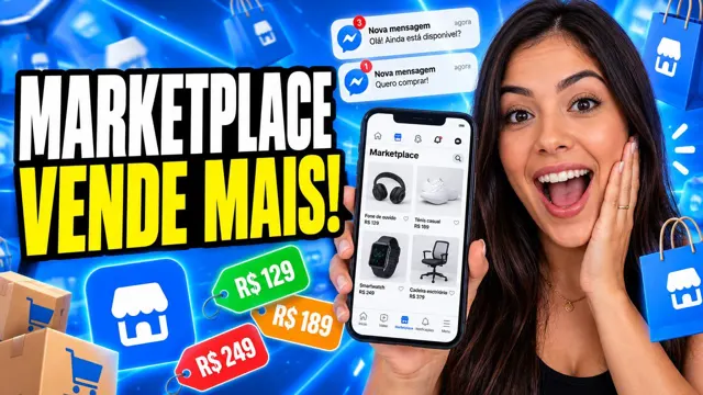 Mulher animada segurando celular com produtos do Marketplace e mensagens de compradores