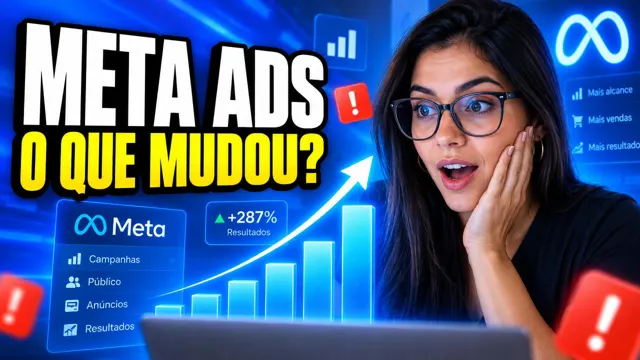 Mulher de óculos surpresa olhando gráfico de anúncios com o texto Meta Ads o que mudou