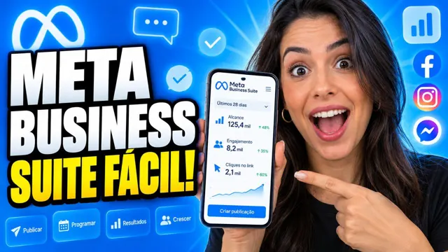 Mulher surpresa apontando para o celular com o painel do Meta Business Suite