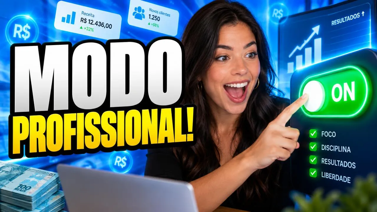 Mulher animada apertando um botão ligado com o texto Modo profissional