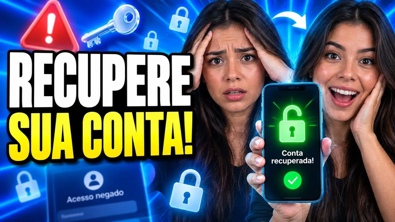 Mulher preocupada e depois aliviada segurando celular com cadeado aberto e o texto Recupere sua conta