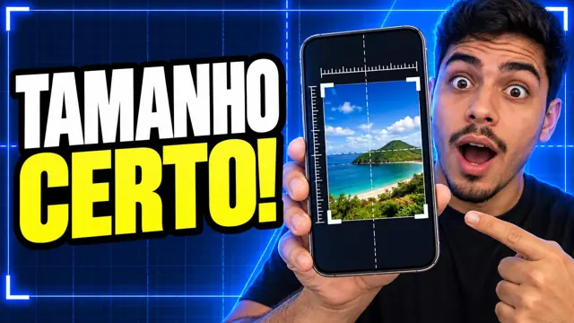 Homem surpreso apontando para o celular com guias de corte de imagem
